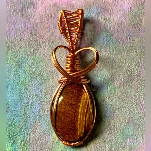 Copper Wrapped Tiger's Eye Pendant | Handmade NWT | 28" Brown Necklace Cord - Picture 1 of 5